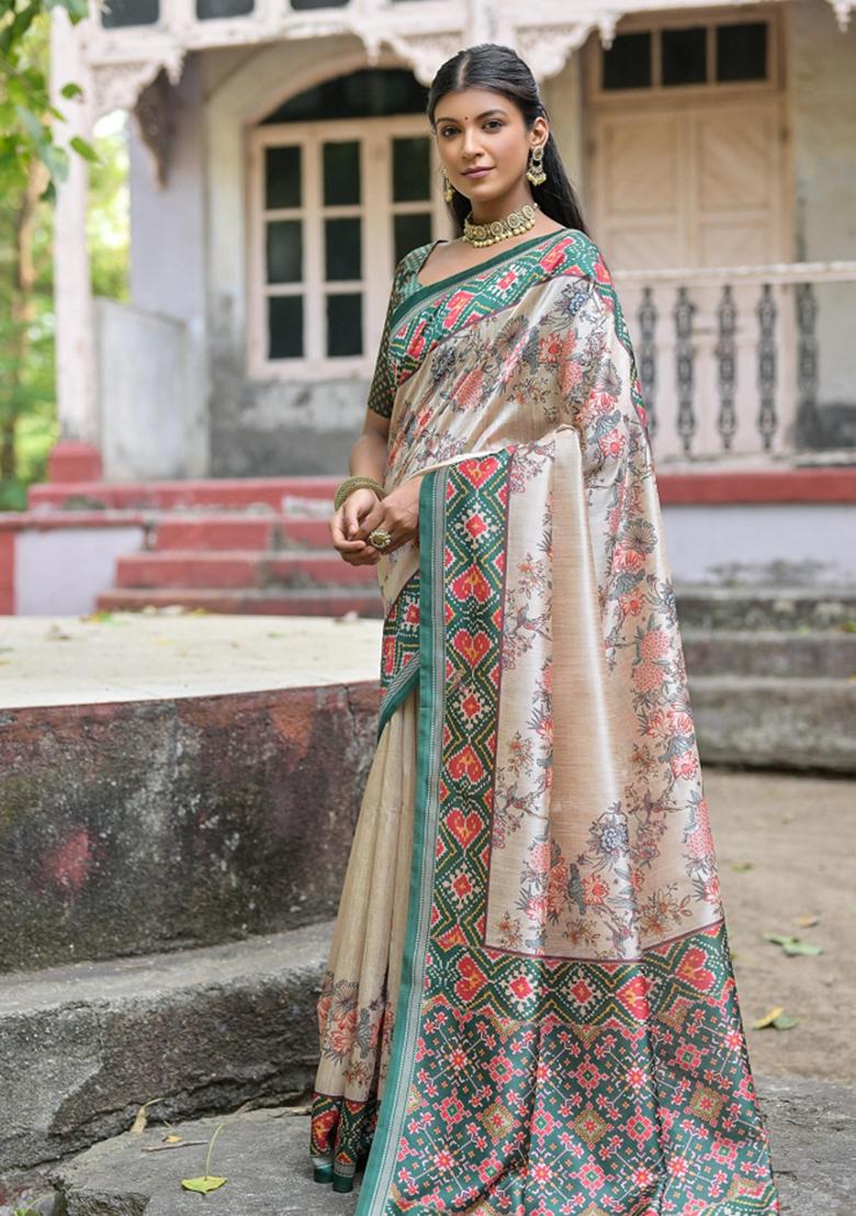 Cream And Green Printed Silk Saree Set - Indya