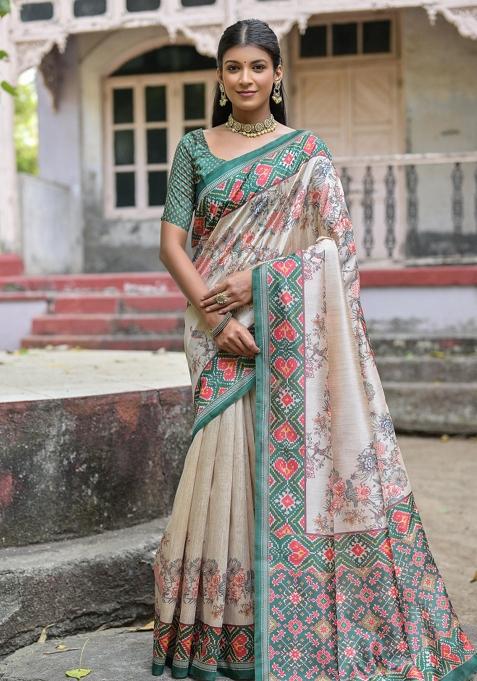 Cream And Green Printed Silk Saree Set