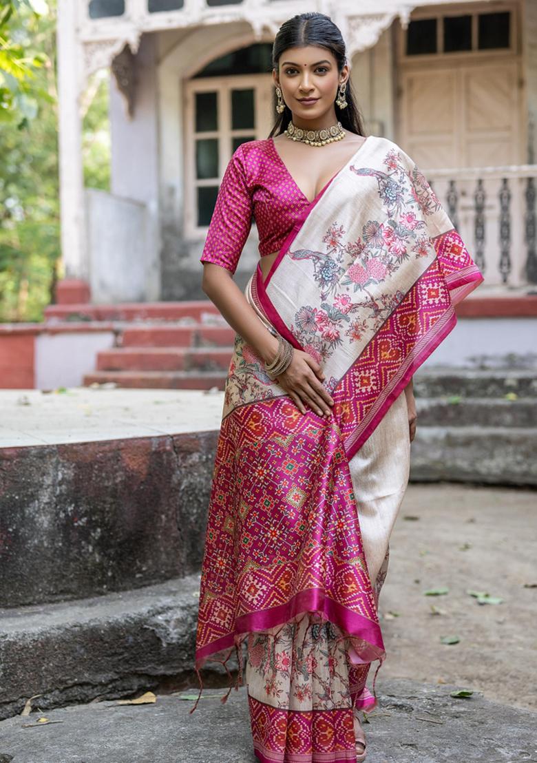 Cream And Rani Pink Printed Silk Saree Set - Indya