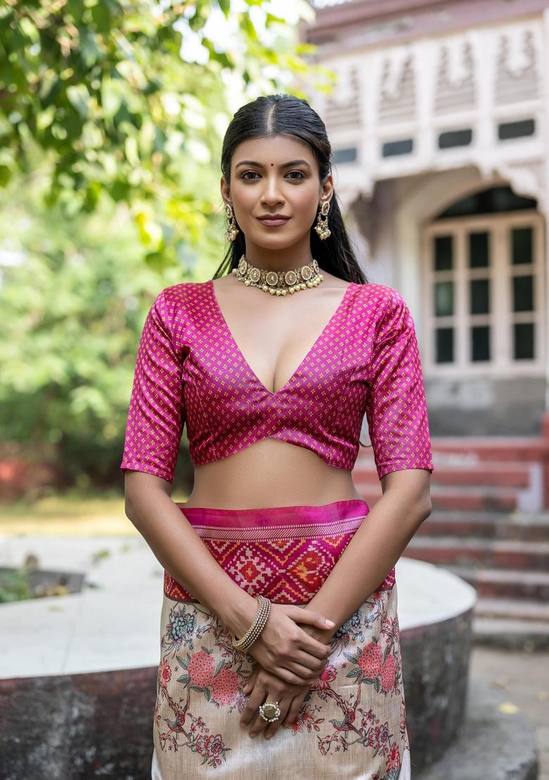 Cream And Rani Pink Printed Silk Saree Set - Indya