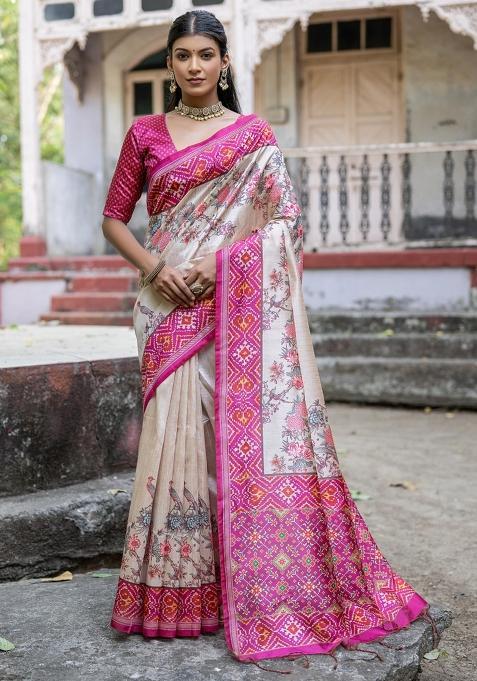 Cream And Rani Pink Printed Silk Saree Set