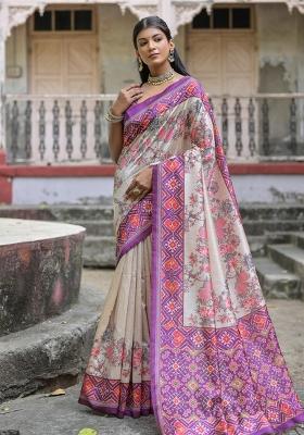 Cream And Purple Printed Silk Saree Set