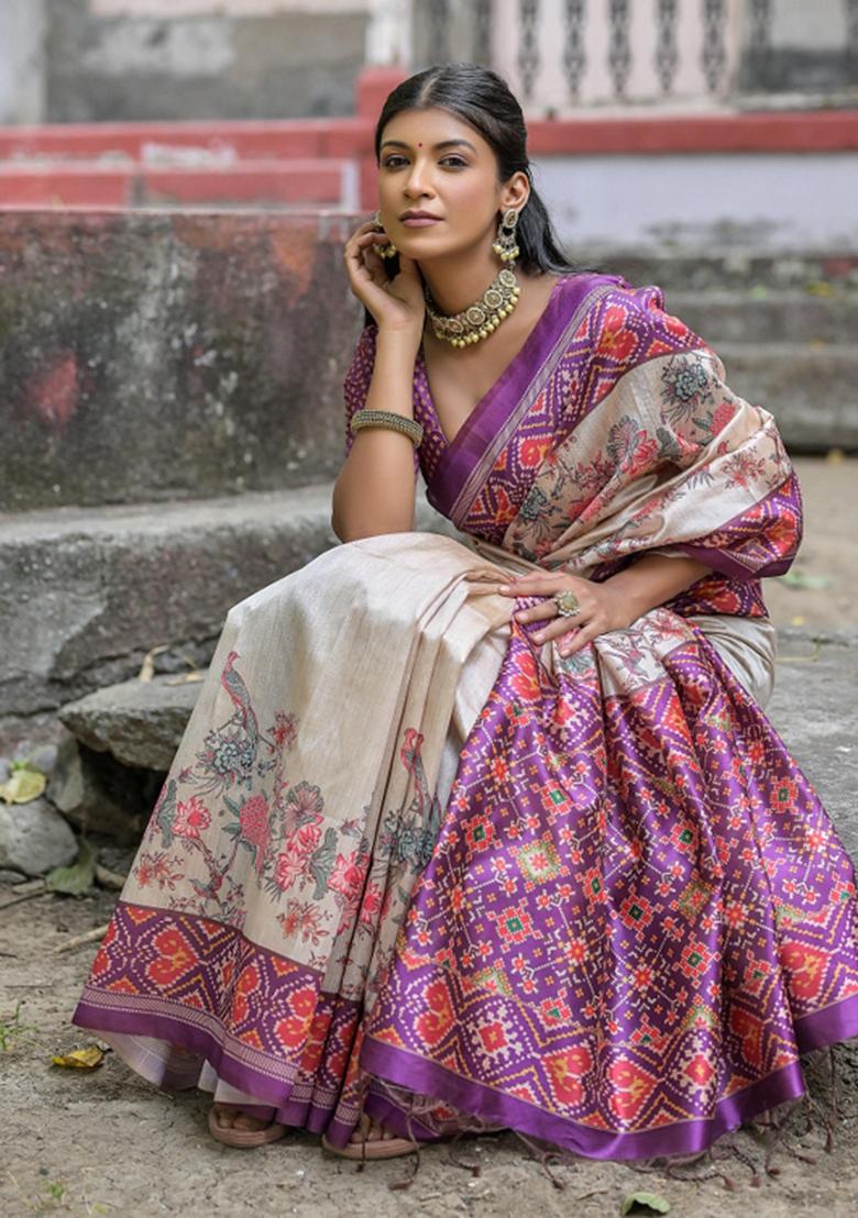 Cream And Purple Printed Silk Saree Set - Indya