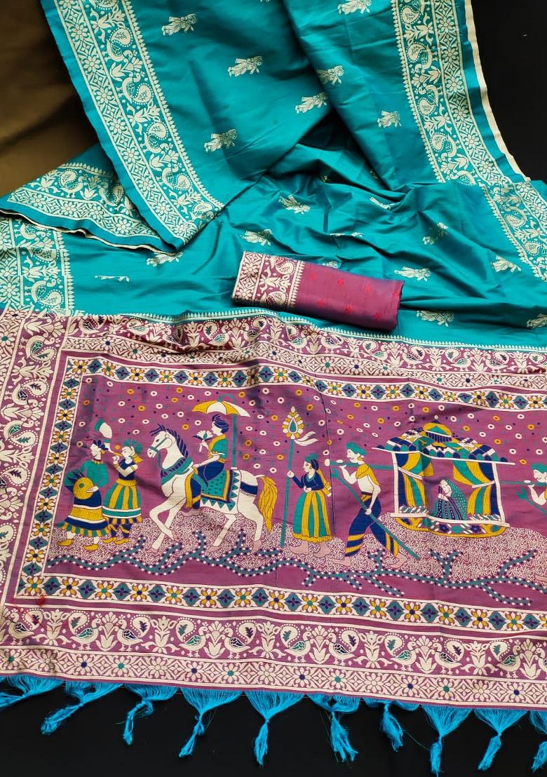 Firozi Purple Weaving Work Silk Saree Set - Indya