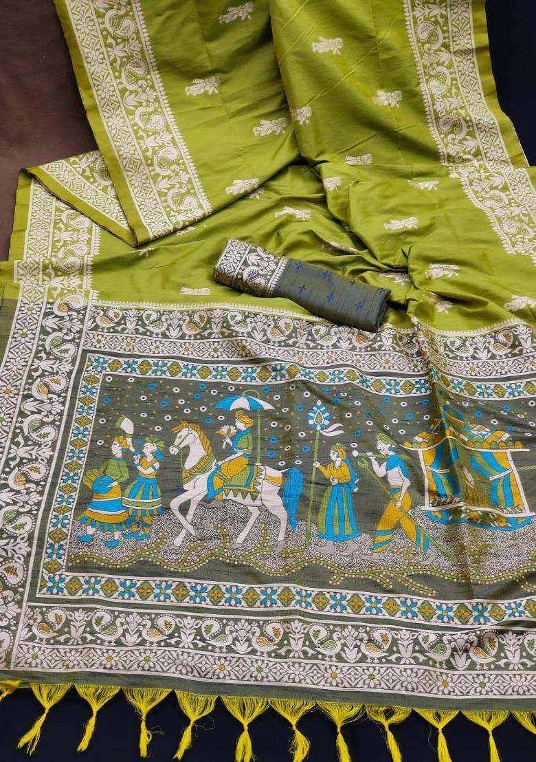 Mehendi Green Grey Weaving Work Silk Saree Set - Indya