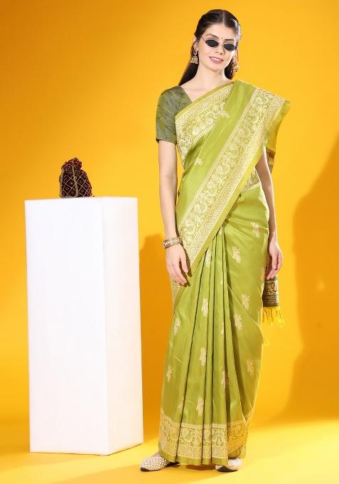 Mehendi Green Grey Weaving Work Silk Saree Set