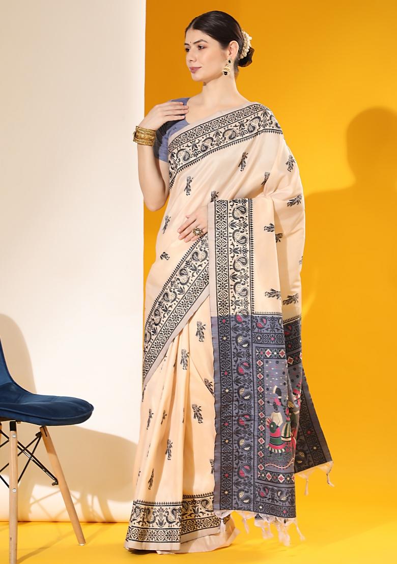 Off-White And Blue Weaving Work Silk Saree Set - Indya