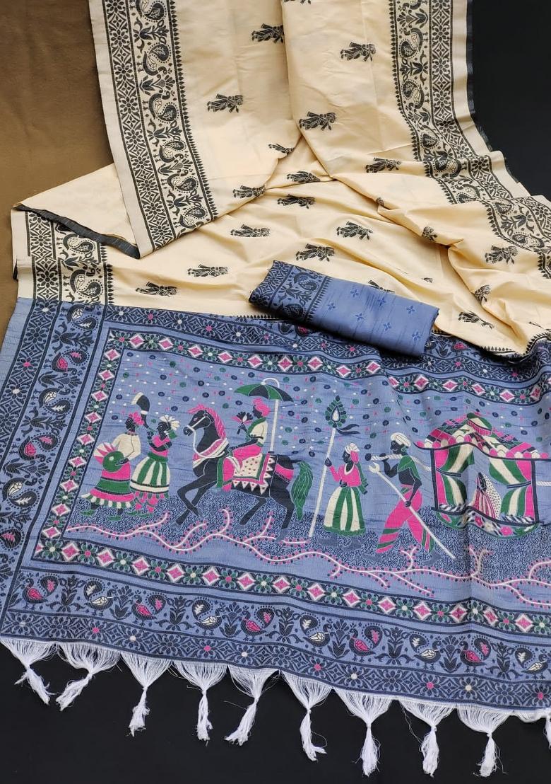 Off-White And Blue Weaving Work Silk Saree Set - Indya