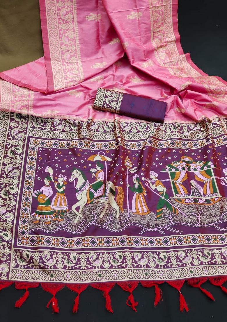 Pink Purple Weaving Work Silk Saree Set - Indya