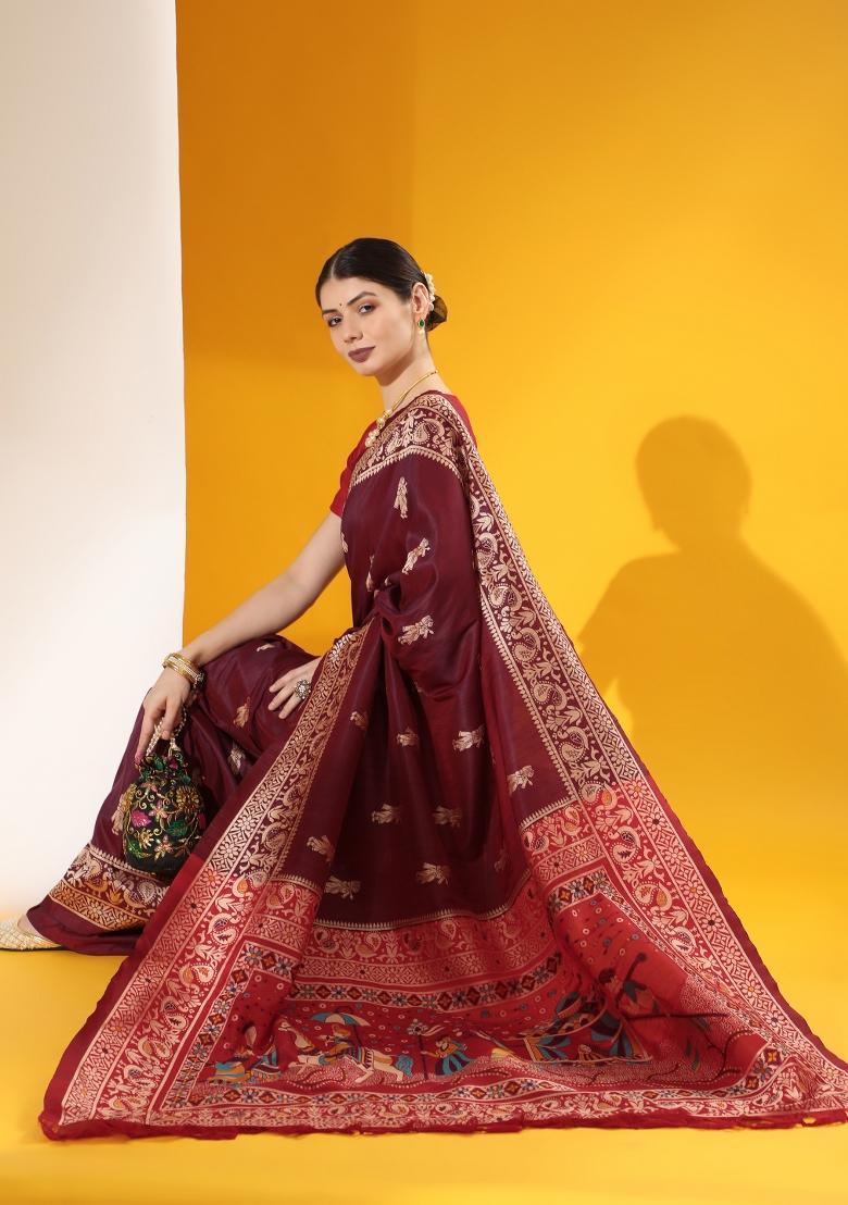 Wine Pink Weaving Work Silk Saree Set - Indya