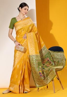 Yellow And Mehendi Green Weaving Work Silk Saree Set