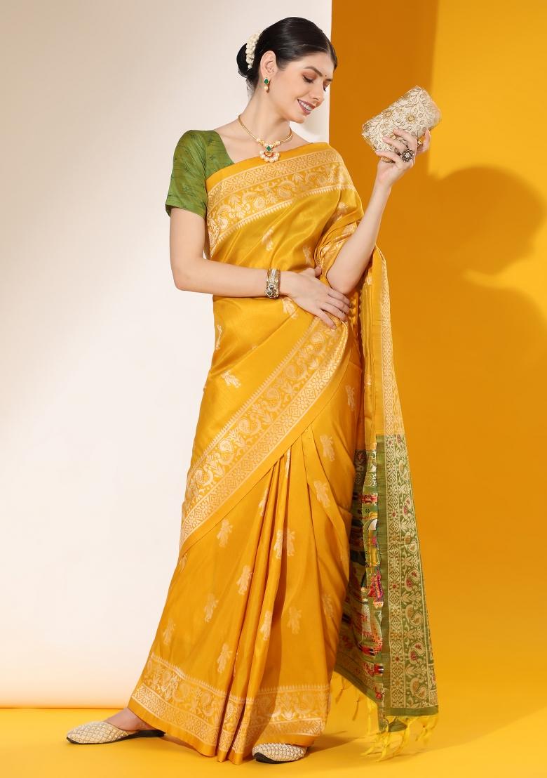 Yellow And Mehendi Green Weaving Work Silk Saree Set - Indya