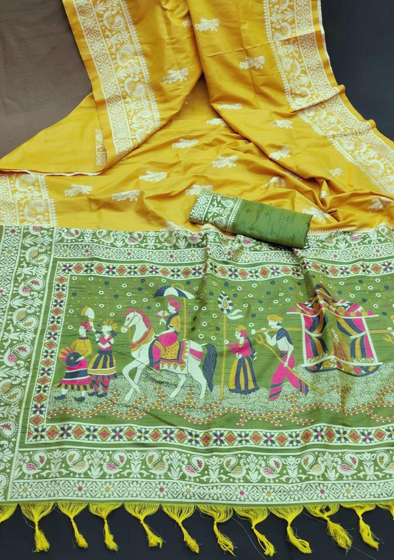 Yellow And Mehendi Green Weaving Work Silk Saree Set - Indya