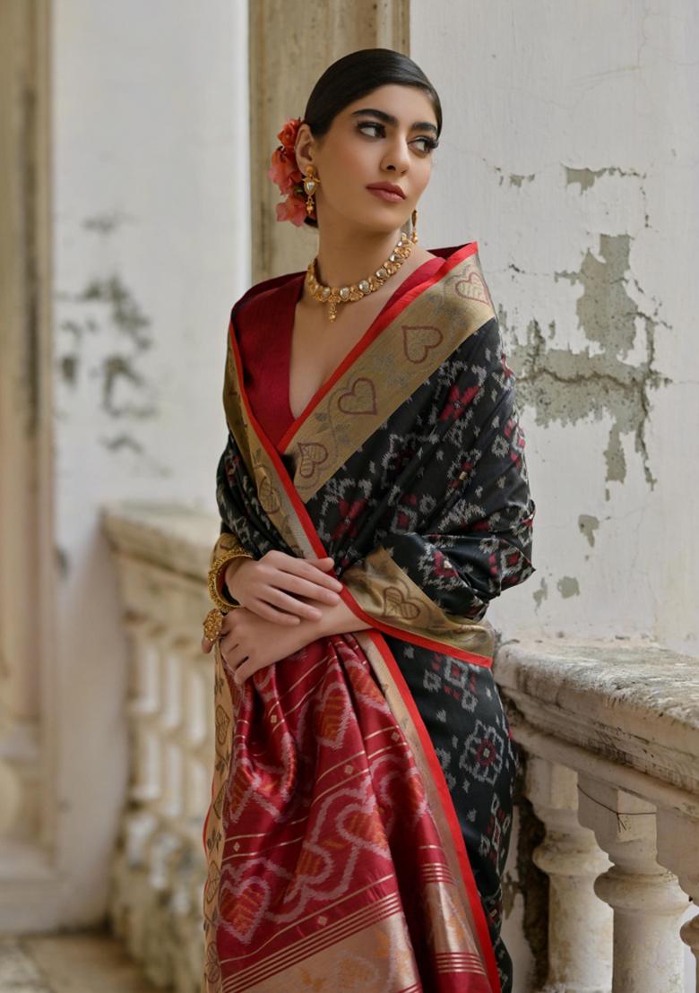 Black And Maroon Weaving Work Silk Saree Set - Indya