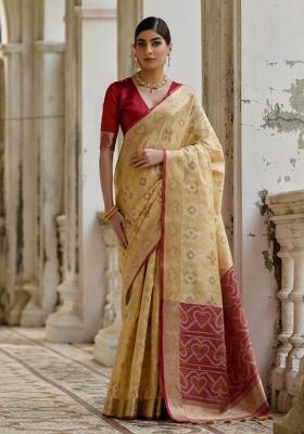 Cream And Maroon Weaving Work Silk Saree Set