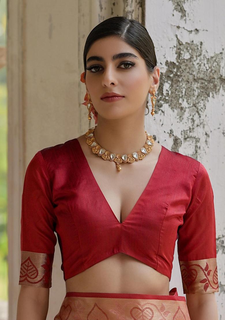 Cream And Maroon Weaving Work Silk Saree Set - Indya