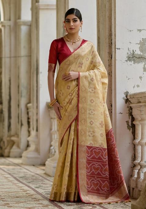 Cream And Maroon Weaving Work Silk Saree Set