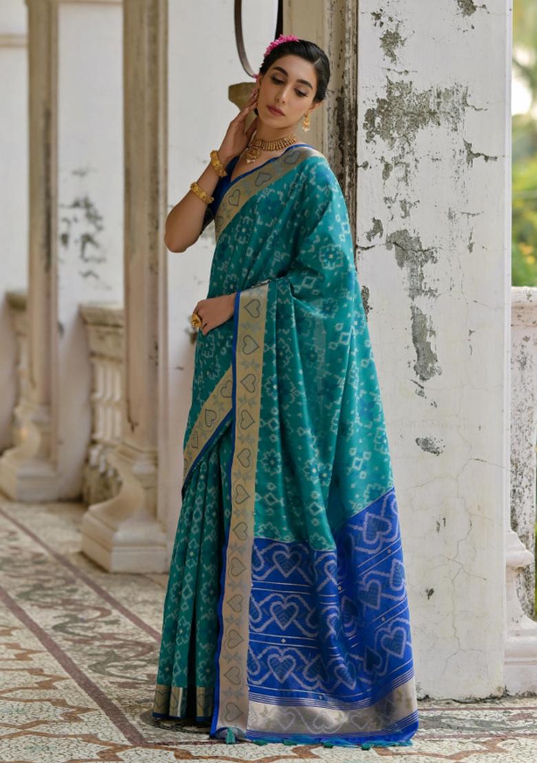 Firozi Blue Weaving Work Silk Saree Set - Indya