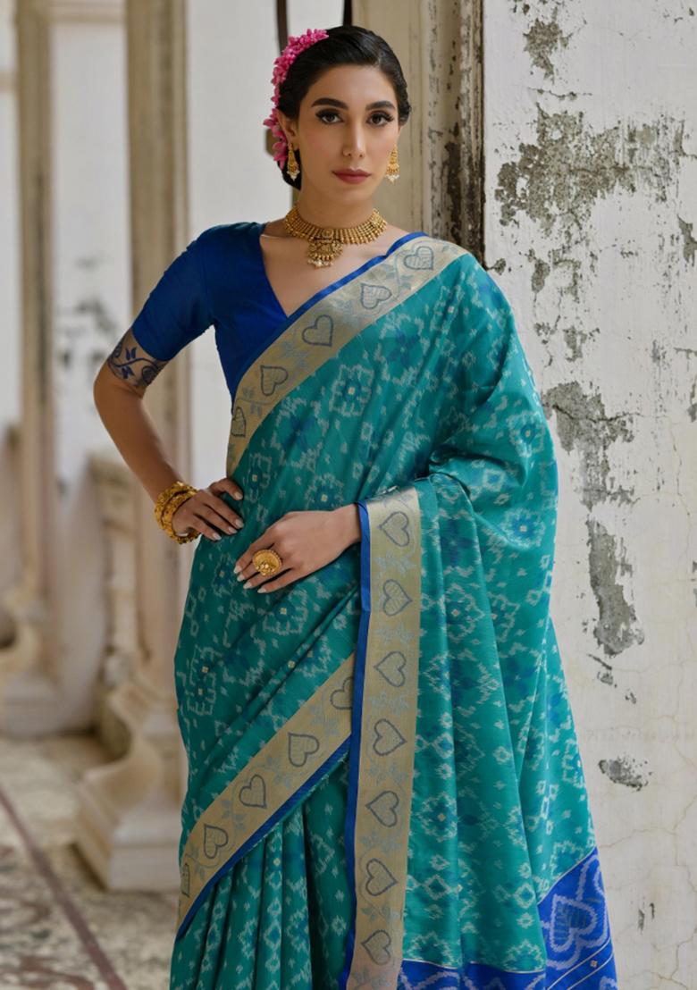 Firozi Blue Weaving Work Silk Saree Set - Indya