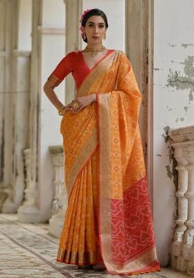 Mustard Red Weaving Work Silk Saree Set