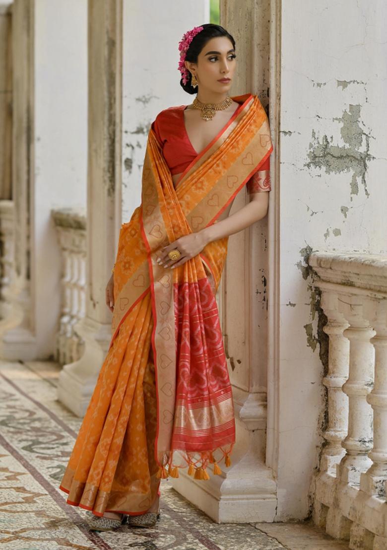 Mustard Red Weaving Work Silk Saree Set - Indya