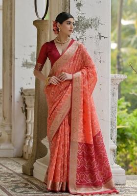 Peach Maroon Weaving Work Silk Saree Set