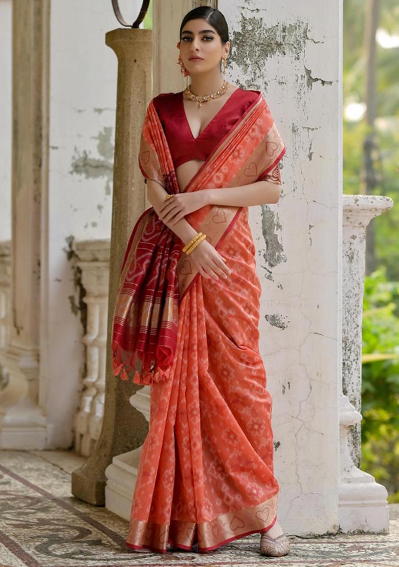 Peach Maroon Weaving Work Silk Saree Set - Indya