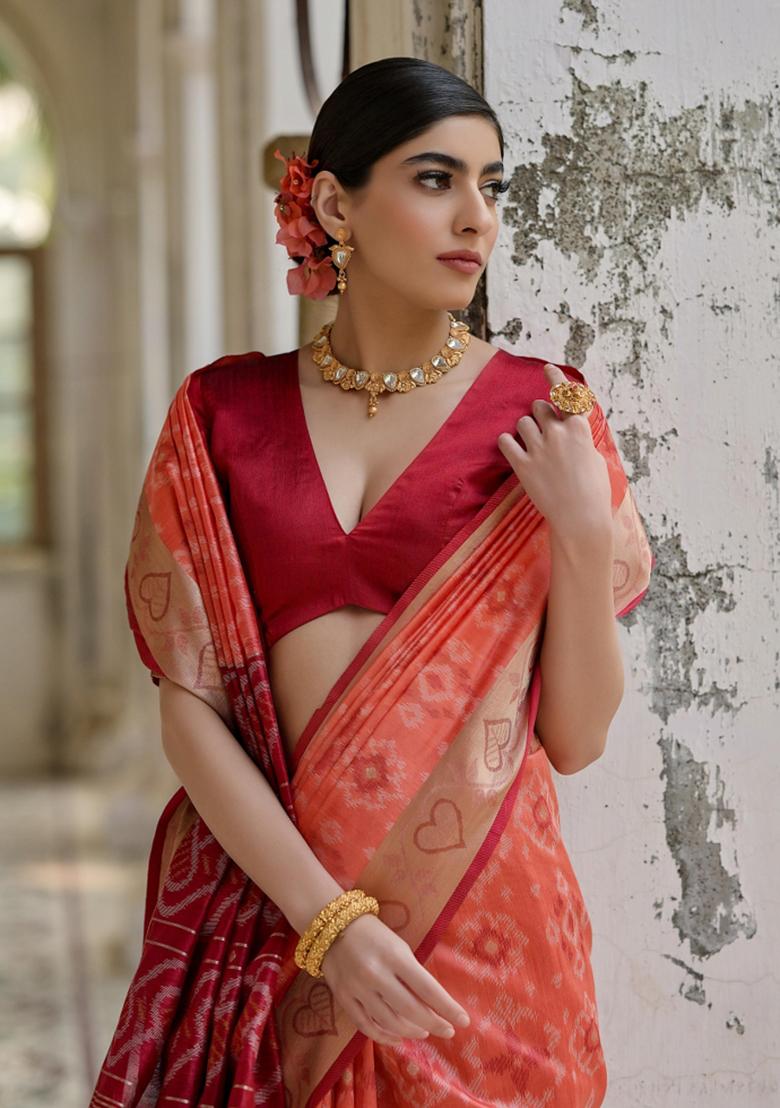 Peach Maroon Weaving Work Silk Saree Set - Indya