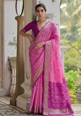 Pink Purple Weaving Work Silk Saree Set