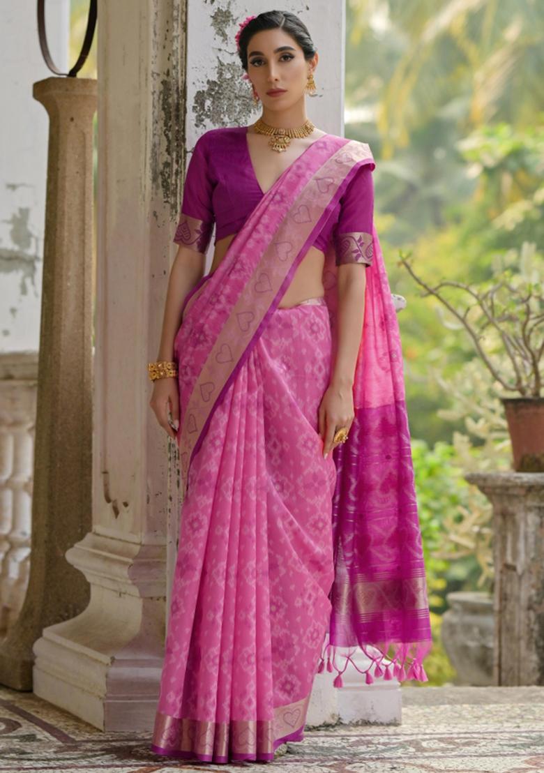 Pink Purple Weaving Work Silk Saree Set - Indya