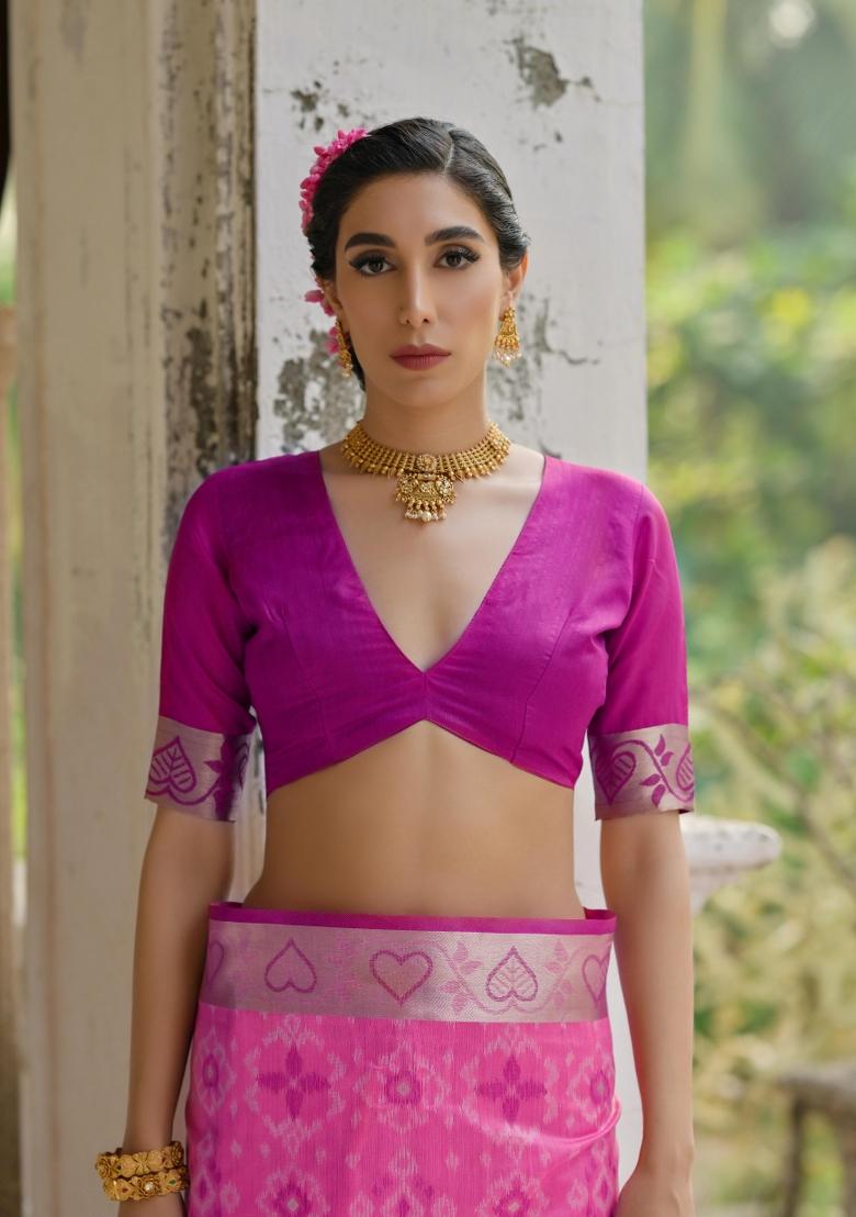 Pink Purple Weaving Work Silk Saree Set - Indya