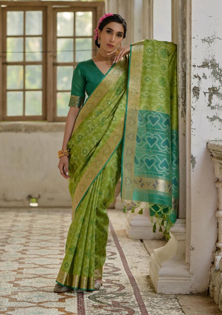 Pista Rama Green Weaving Work Silk Saree Set - Indya