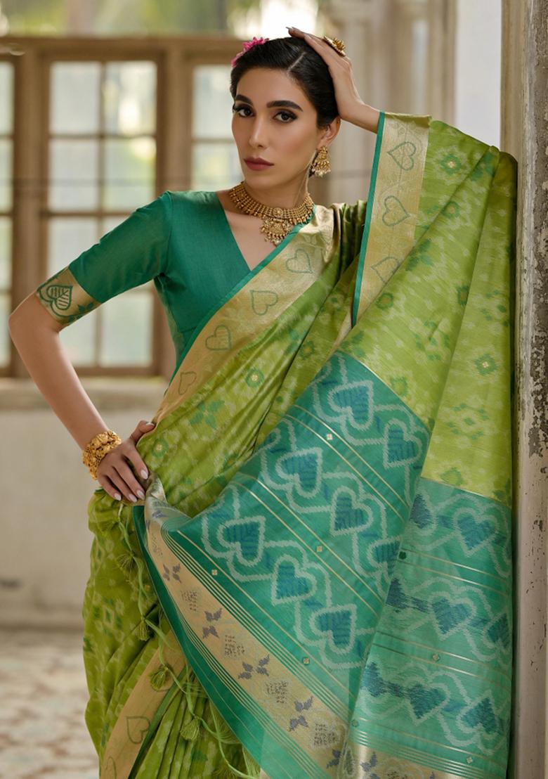 Pista Rama Green Weaving Work Silk Saree Set - Indya