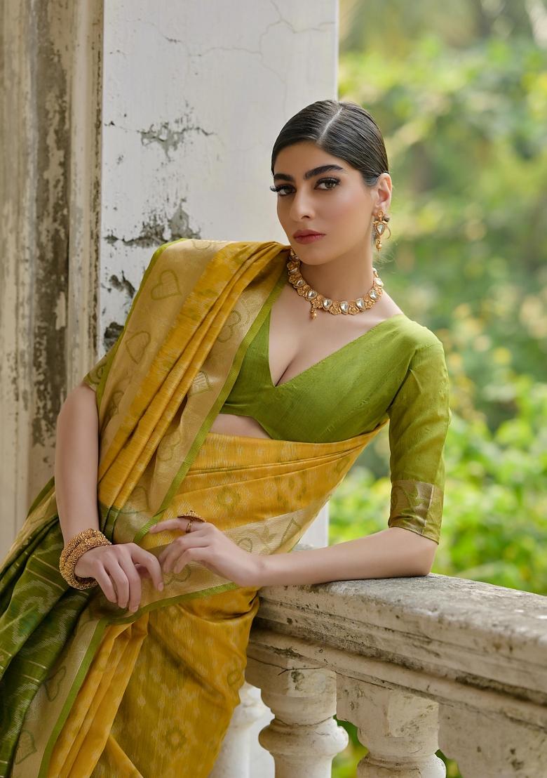 Yellow And Olive Green Weaving Work Silk Saree Set - Indya