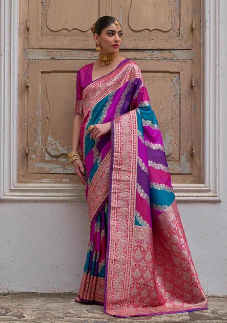 Multicolor Jacquard Work Silk Saree Set - Indya