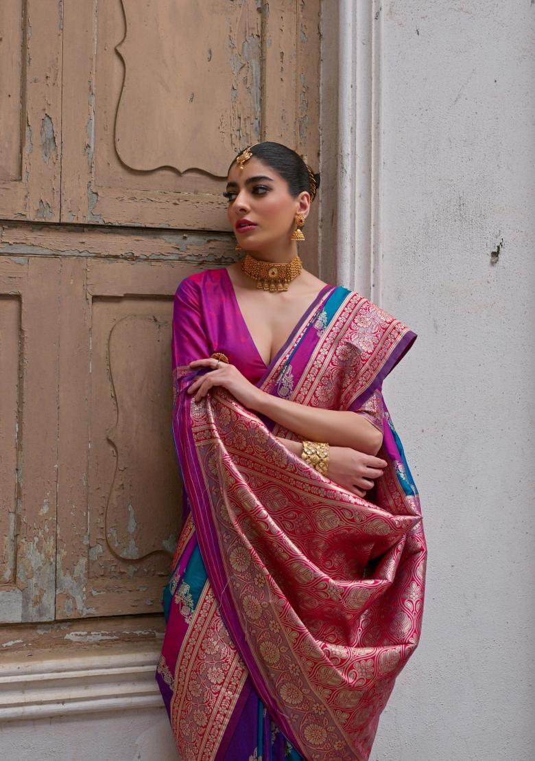 Multicolor Jacquard Work Silk Saree Set - Indya