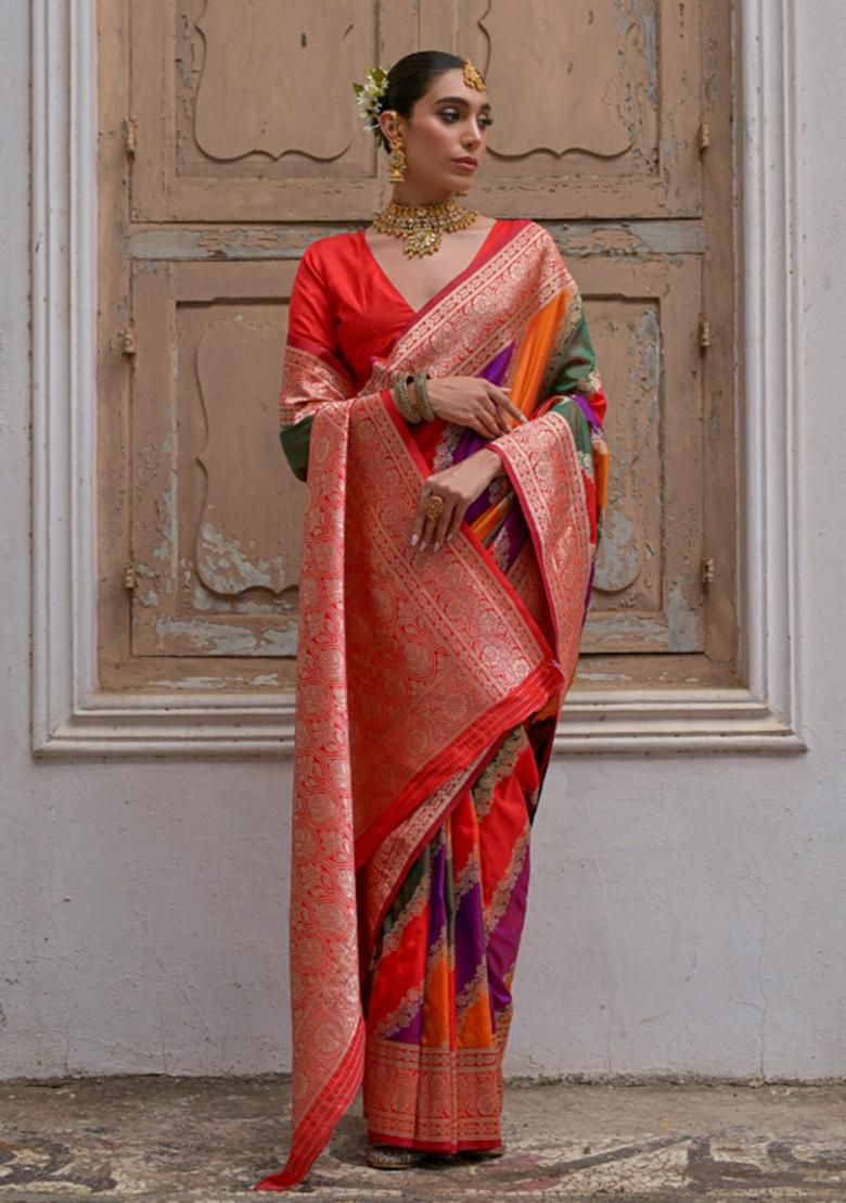 Multicolor Jacquard Work Silk Saree Set - Indya