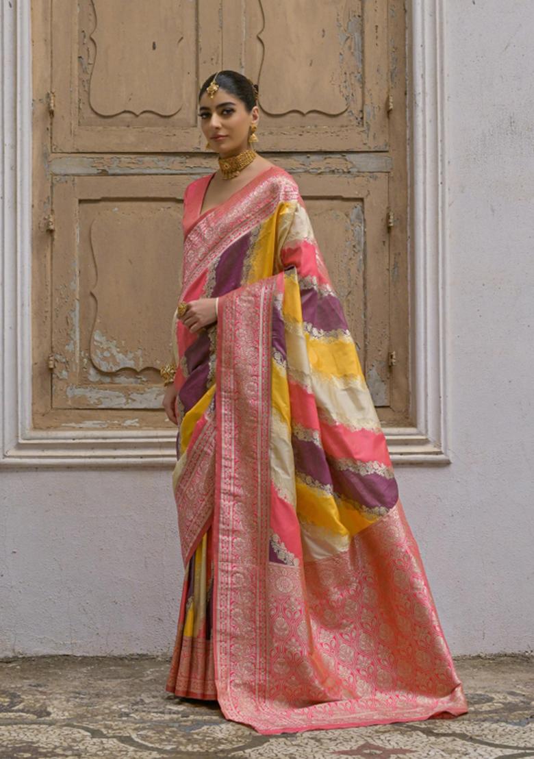 Multicolor Jacquard Work Silk Saree Set - Indya