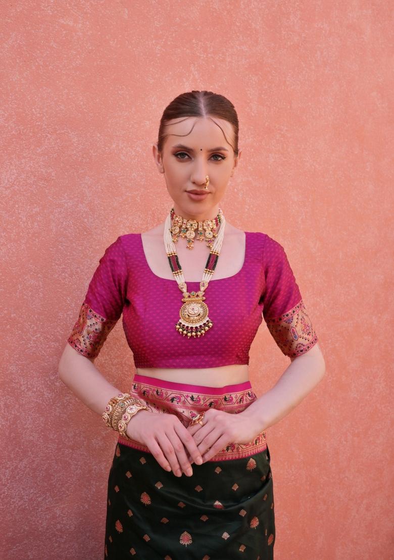 Black And Pink Jacquard Work Silk Saree Set - Indya