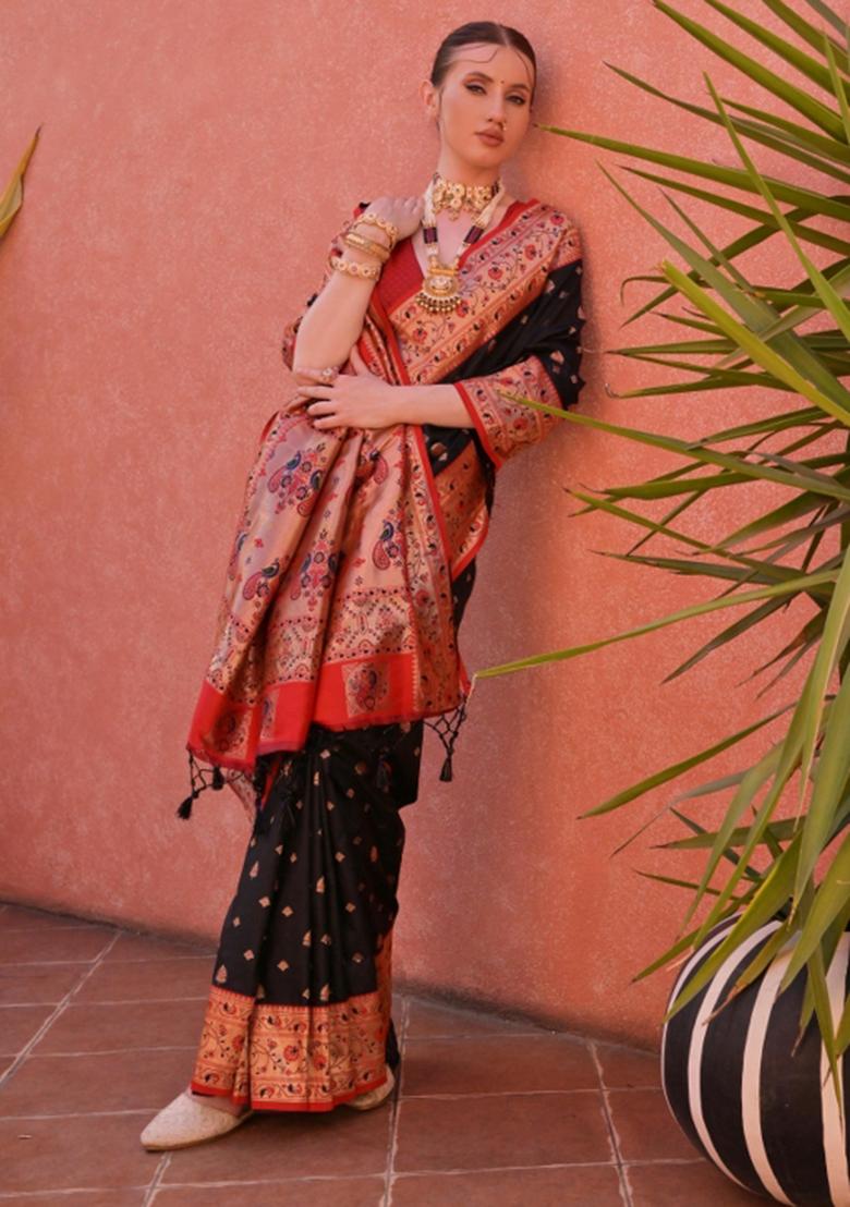 Black And Maroon Jacquard Work Silk Saree Set - Indya