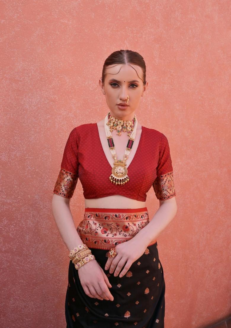 Black And Maroon Jacquard Work Silk Saree Set - Indya