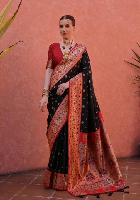 Black And Maroon Jacquard Work Silk Saree Set