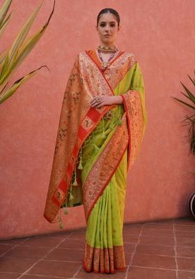 Light Green Orange Jacquard Work Silk Saree Set
