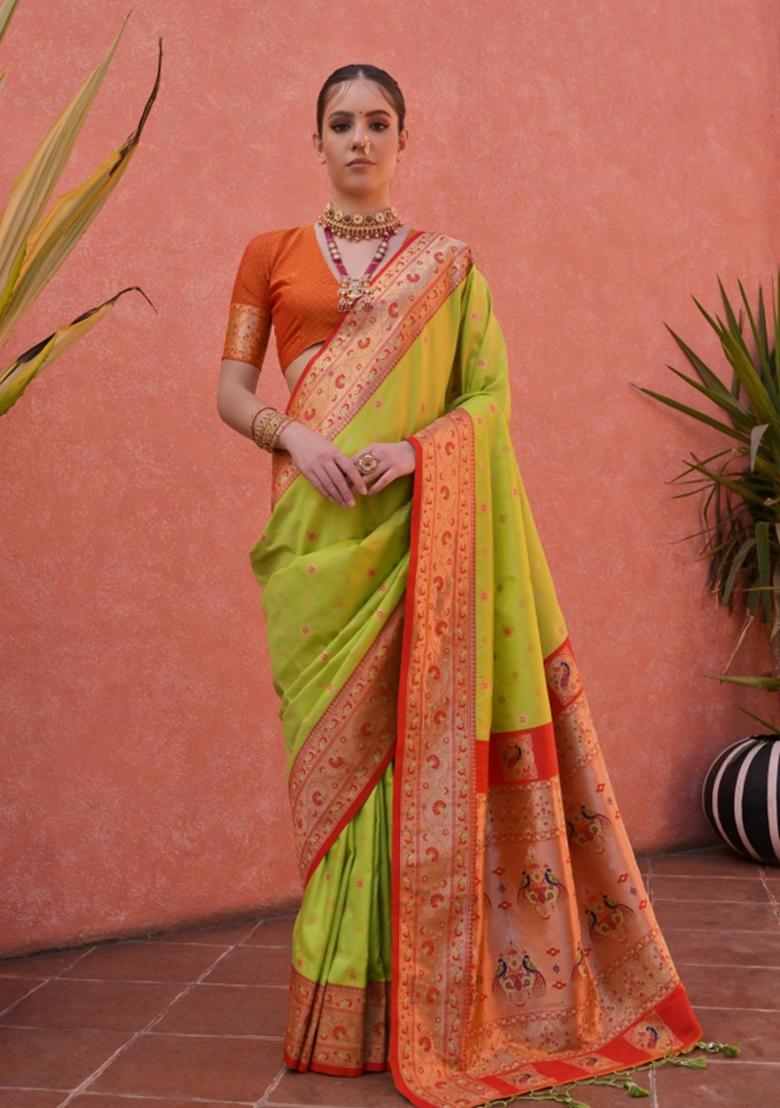 Light Green Orange Jacquard Work Silk Saree Set - Indya