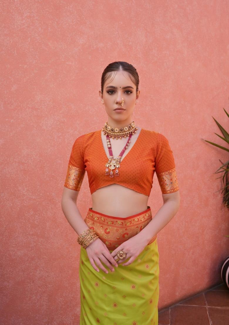 Light Green Orange Jacquard Work Silk Saree Set - Indya