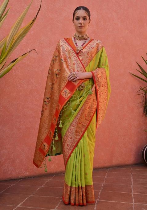 Light Green Orange Jacquard Work Silk Saree Set