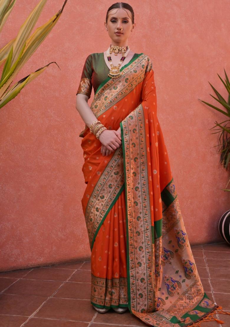 Orange And Green Jacquard Work Silk Saree Set - Indya