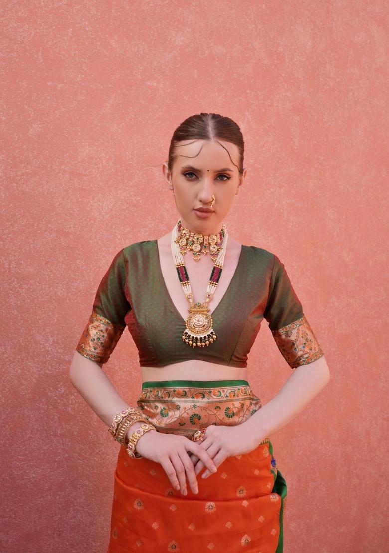 Orange And Green Jacquard Work Silk Saree Set - Indya