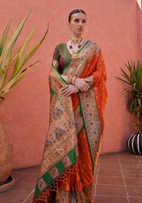 Orange And Green Jacquard Work Silk Saree Set