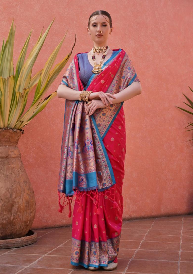 Pink Blue Jacquard Work Silk Saree Set - Indya